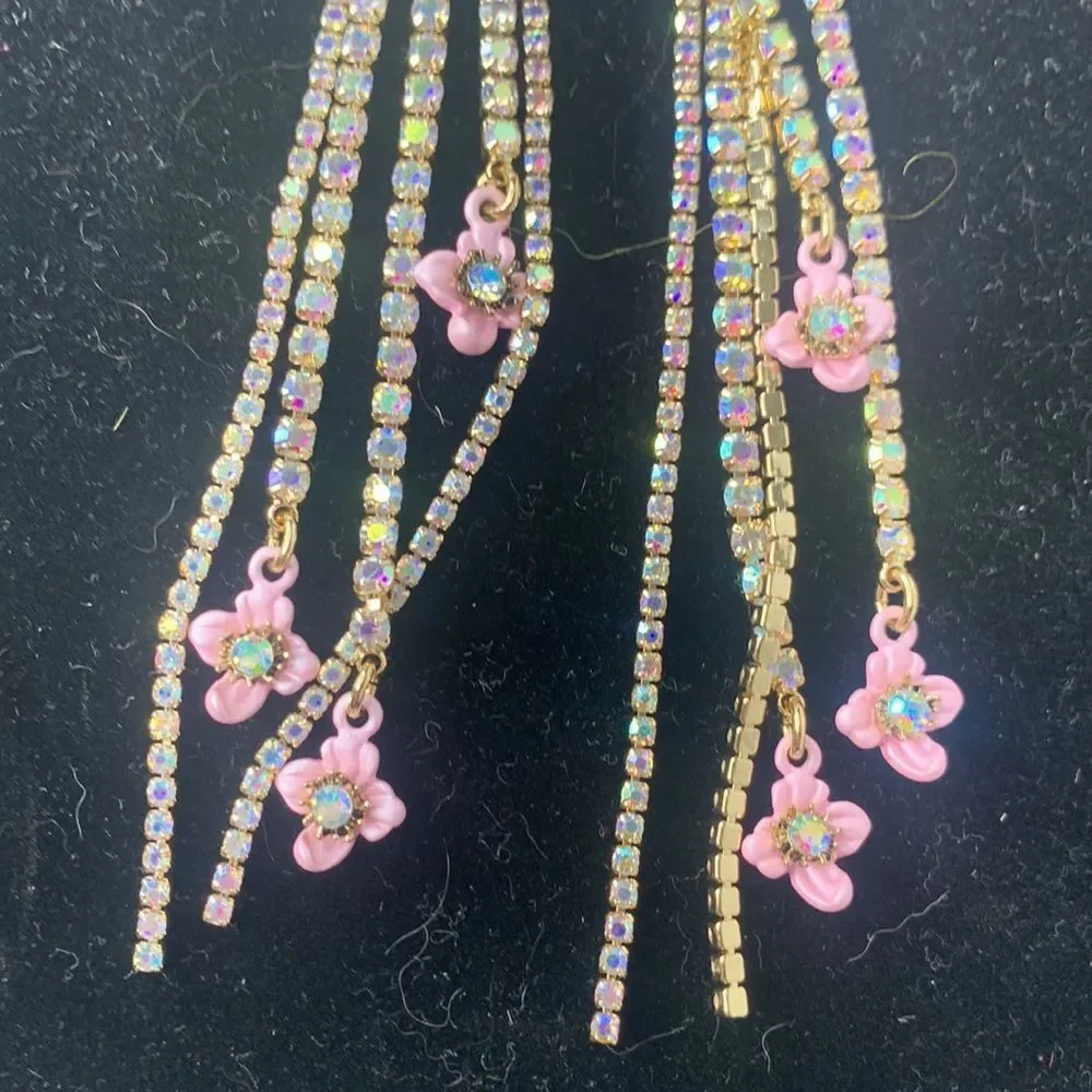 Betsey Johnson floral stone linear fringe earrings NWT - Picture 4 of 8